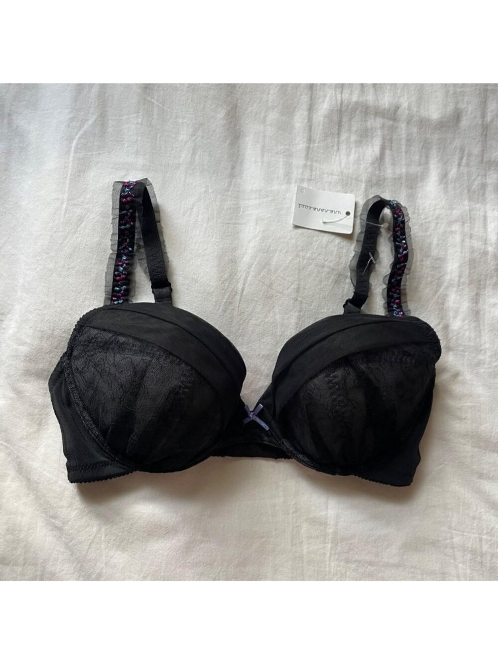 NWT black bra with bow and floral embroidery